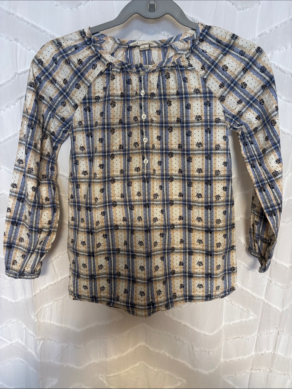 Lands' End Kids Plaid Button-Front Blouse in Blue and Cream